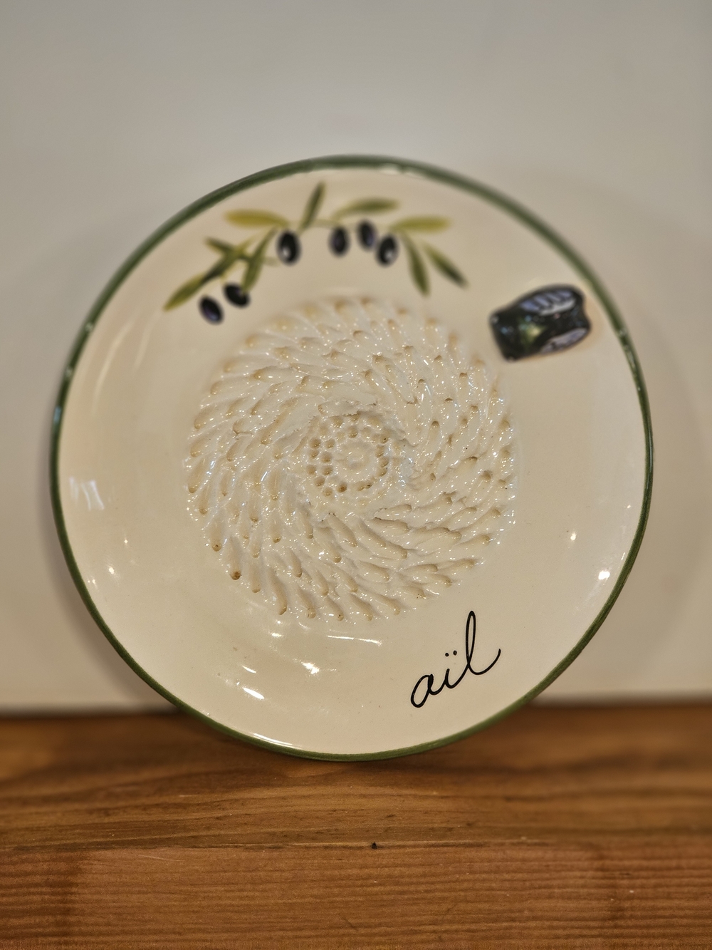 Vintage French Ceramic Garlic Grater Plate - Olive Branch Motif "Ail"